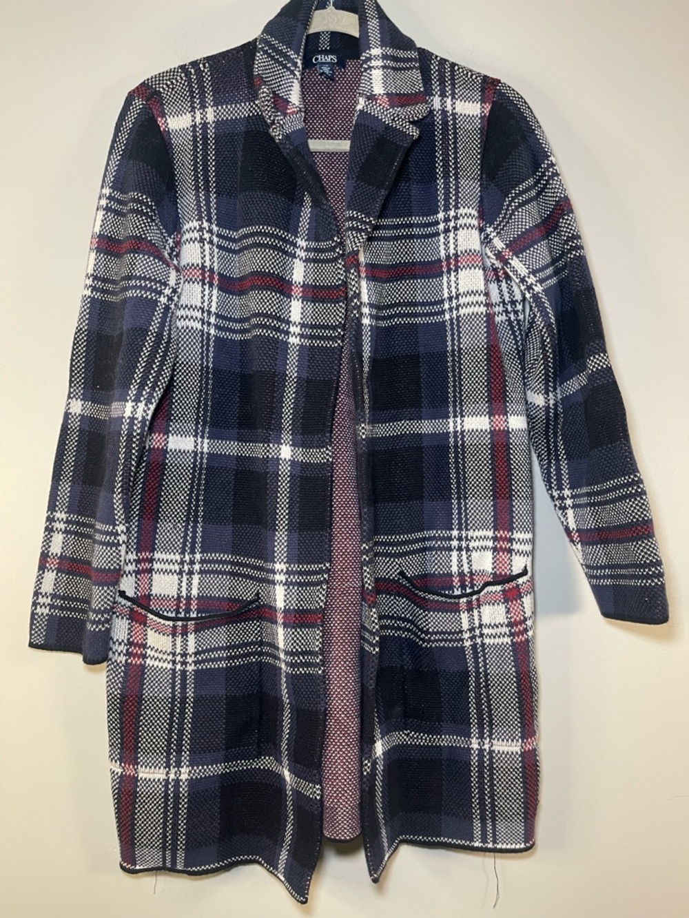 Chaps Navy and Maroon Knit Plaid Cardigan